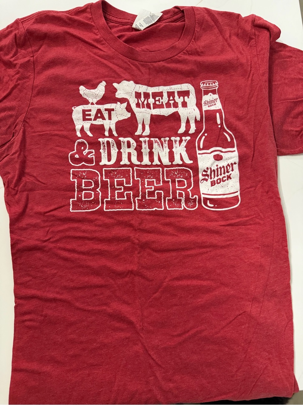 Shiner Bock Red Short Sleeve Tee with White Eat Meat & Drink Beer Graphic